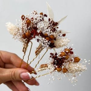 Rustikale Hochzeit Getrocknete Blumen Haarnadeln, Boho Hochzeit Haarschmuck, Rost Blumen Haarspangen für die Braut