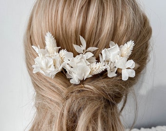 Épingles à cheveux bohèmes fleurs séchées, épingles à cheveux fleurs de mariage bohème blanches, accessoires pour cheveux de mariée, véritables pinces à cheveux hortensia