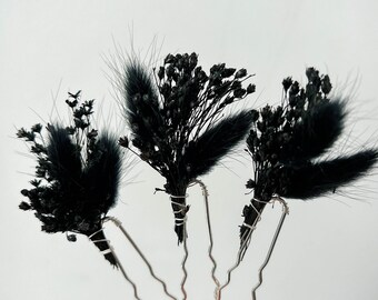Black Gothic Wedding dried flower hair pins, Dark Moody Halloween wedding hair accessories, Bridal boho floral hair clips