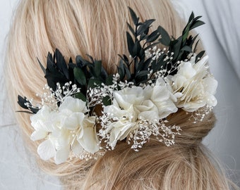 Épingles à cheveux de fleurs séchées de mariage bohème, pinces à cheveux d'eucalyptus de verdure pour la mariée, morceau de cheveux floral d'hortensia blanc boho