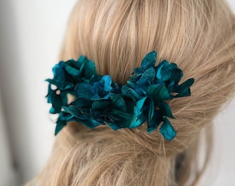 Épingles à cheveux fleurs séchées de mariage turquoise turquoise, accessoires pour cheveux hortensia bohème, morceau de cheveux floral, pinces à cheveux de mariée