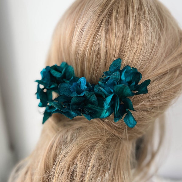 Épingles à cheveux fleurs séchées de mariage turquoise turquoise, accessoires pour cheveux hortensia bohème, morceau de cheveux floral, pinces à cheveux de mariée