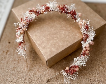 Couronne de fleurs séchées de mariage rustique en terre cuite, couronne de fleurs nuptiale, casque délicat