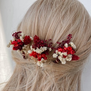 Dried flower hair pins red, Bridal floral hair accessories, Gypsophila boho hair clips, Burgundy hair piece