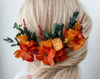 Greenery Rustic Wedding dried flower hair pins, Boho Bridal floral hair accessories, Terracotta Hydrangea hair clips for Bride