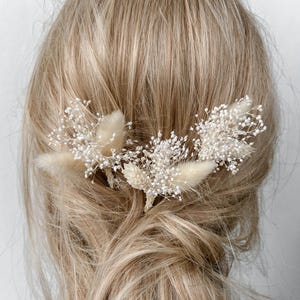 Dried flower hair pins, Bridal BOHO wedding hair accessories, Gypsophila Babys Breath white floral hair clips for Bride