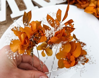 Herbst Hochzeit getrocknete Blumen Haarnadeln, Rustikale Terrakotta Blumen Haarspangen für Braut, Herbst Hochzeit Orangen Haarnadeln Boho