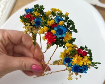 Wildflower Summer wedding dried flower hair pins, Bridal Gypsophila floral hair piece, Colorful hair accessories, boho hair piece