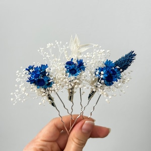 Épingles à cheveux fleurs séchées de mariage bleu majestueux, accessoires pour cheveux de mariée Boho, postiche de gypsophile boho, pinces à cheveux Babys Breath image 1