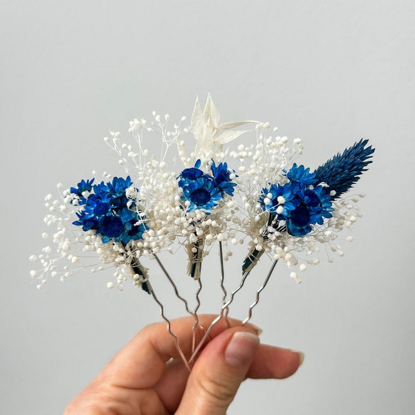 Majestic Blue Wedding Dried flower hair pins, Boho Bridal hair accessories, bohemian Gypsophila hair piece, Babys Breath hair clips