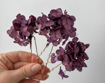 Purple Wedding Hydrangea Dried flower hair pins, Bridal boho hair accessories, mauve lilac floral hair clips