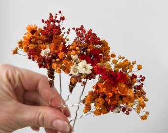 Épingles à cheveux fleurs séchées, épingles à cheveux fleurs de mariage automne automne, épingles à cheveux rustiques pour mariée, morceau de cheveux bohème fleurs séchées orange rouge