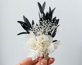 Boho-Hochzeits-Boutonniere mit getrockneten Blumen, Eukalyptus-Grün-Bräutigam-Knopfloch, Boho-Blumen-Ministrauß, Trauzeugen-Accessoires mit Blumenmuster
