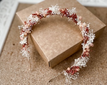 Rustieke terracotta bruiloft gedroogde bloemenkroon, bruidsbloemenkrans, delicaat hoofddeksel