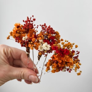 Dried flower hair pins, Fall Autumn Wedding Flower hairpins, Bridal rustic hair pins, Dried flower Boho hair piece orange red