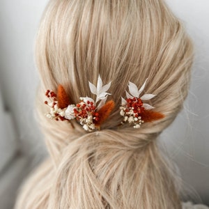 Forcine per capelli con fiori secchi in terracotta, accessori per capelli da sposa autunno autunno, pezzo per capelli da sposa rustico Boho, piccoli fermagli per capelli floreali immagine 1