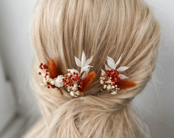 Terrakotta Hochzeit Getrocknete Blumen Haarnadeln, Herbst Hochzeit Haarschmuck, Rustikales Boho Braut Haarteil, kleine Haarspangen floral