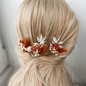 Épingles à cheveux fleurs séchées de mariage en terre cuite, accessoires de cheveux de mariage automne automne, morceau de cheveux de mariée bohème rustique, petites pinces à cheveux florales image 1