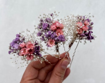 Presilhas de cabelo com flores secas de gypsophila, acessório de cabelo lilás para casamento