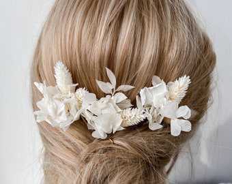Boho Trockenblumen Haarnadeln, Weiße Boho Hochzeitsblumen Haarnadeln, Braut Haarschmuck, echte Hortensien Haarspangen