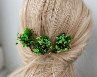 Grüne Getrocknete Blumen Haarnadeln, floraler Braut Haarschmuck, Sommer Hochzeit Gypsophila Haarspangen, Haarteil Schleierkraut
