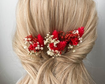 Dried flower hair pins red, Bridal floral hair accessories, Gypsophila boho hair clips, hair piece