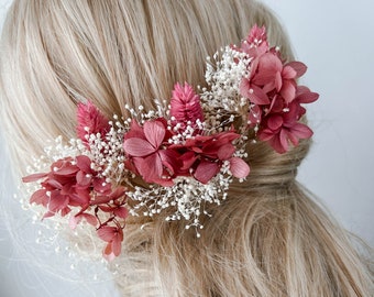 Romantische Blush Pink Hochzeit Haarnadeln mit getrockneten Blumen, Boho Braut Haarschmuck, florale Haarspangen, Vintage rosa Hortensien Haarteil