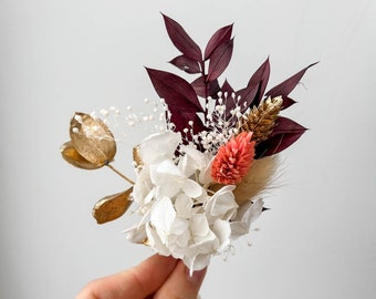 Boutonnière de fleurs séchées de mariage en or bordeaux, boutonnière Boho Grooms, accessoires de garçons d'honneur et boutonnière de mariage d'automne