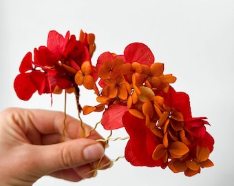 Épingles à cheveux fleurs séchées de mariage rouge, accessoires pour cheveux bohèmes hortensias, morceau de cheveux floral, pinces à cheveux en terre cuite