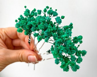 Getrocknete Blumen-Haarnadeln grün, Braut-Gypsophila-Blumen-Haarteil, farbenfroher Sommer-Türkis-Haarschmuck, Boho-Haarteil