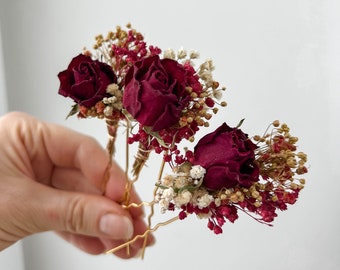 Borgoña rosa roja boda alfileres de pelo de flores secas, accesorios para el cabello nupcial, clip de pelo floral boho, pieza de pelo