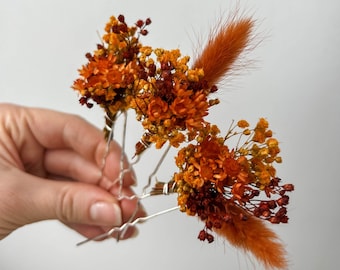 Épingles à cheveux de fleurs séchées de mariage rustique en terre cuite, accessoires de cheveux de mariage automne automne, morceau de cheveux de mariée bohème, pinces à cheveux florales