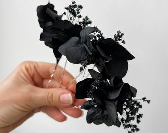 Horquillas de pelo de flores secas de boda gótica negra, accesorios para el cabello de boda de Halloween Dark Moody, clips de pelo florales boho nupcial Hortensia