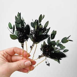 Black Gothic Wedding dried flower hair pins, Eucalyptus Boho hair accessories, Dark Moody Halloween hair clips, Bridal hair piece