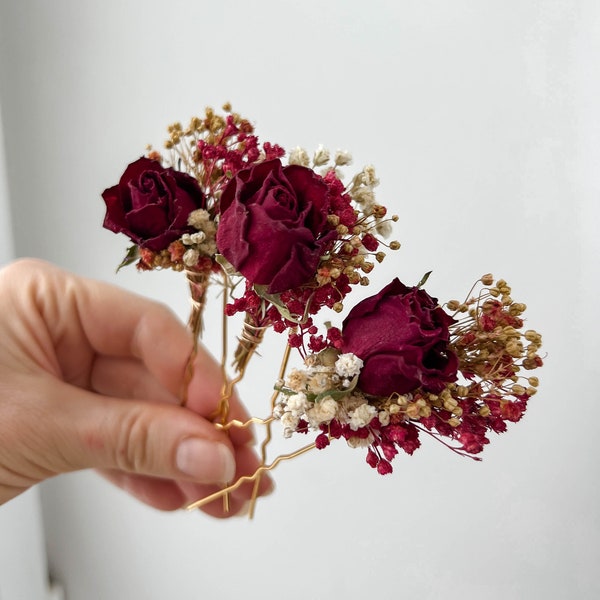 Burgundy Red Rose Wedding dried flower hair pins, Bridal hair accessories, boho floral hair clip, hair piece