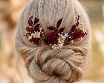 Burgunder getrocknete Blumen Haarnadeln, Boho Braut Haarschmuck