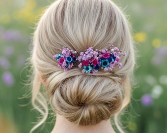 Presilha de cabelo com flor de lavanda seca, acessório de cabelo boho para casamento com gipsófila.