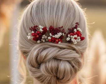 Bourgondische haarspelden met gedroogde bloemen, rood boho bruidshaarstukje