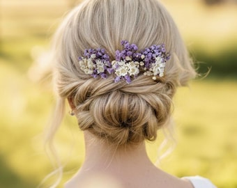 Presilhas de cabelo com flores secas de lavanda, acessórios de cabelo para casamento boho