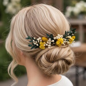 Yellow Greenery spring wedding dried flower boutonniere, bohemian Bride hair pins