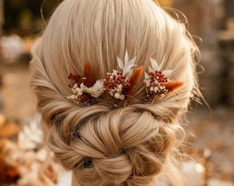 Terracotta Dried Flower Hair Pins, Boho Wedding Hair Accessories
