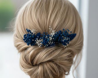 Blaue getrocknete Blumen Haarnadeln, Boho Hochzeit Haarschmuck