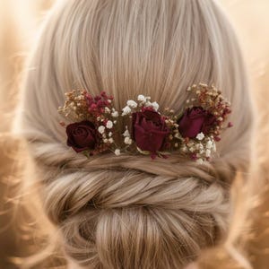 Fermagli per capelli con fiori secchi di rosa bordeaux, accessori per capelli da sposa in stile boho