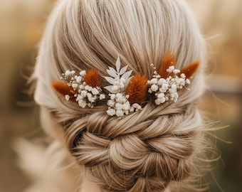 Épingles à cheveux fleurs séchées orange brûlé, accessoires cheveux de mariage terre cuite