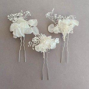 Épingles à cheveux de fleurs séchées d'hortensia blanc pour la mariée, accessoires pour cheveux, épingles à cheveux pour mariée mariage BOHO, accessoire pour cheveux floral image 3
