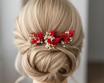 Rode haarspelden met gedroogde bloemen, boho bruids gipskruidhaarstukje