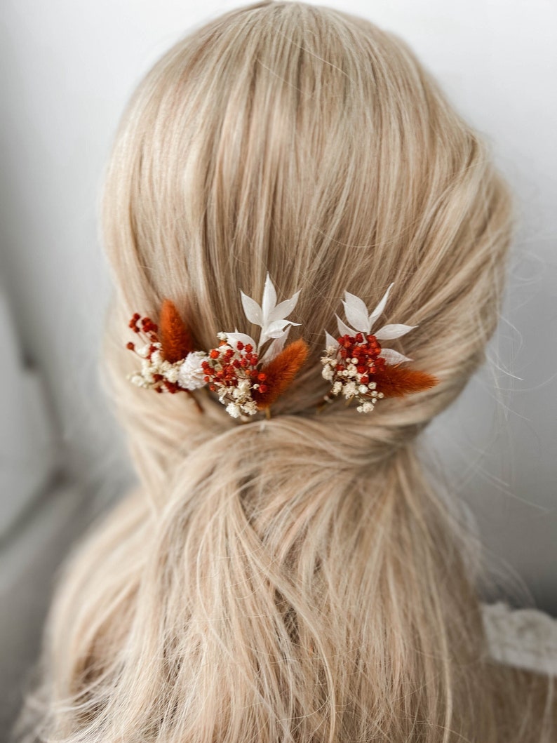 Épingles à cheveux fleurs séchées de mariage en terre cuite, accessoires de cheveux de mariage automne automne, morceau de cheveux de mariée bohème rustique, petites pinces à cheveux florales image 1