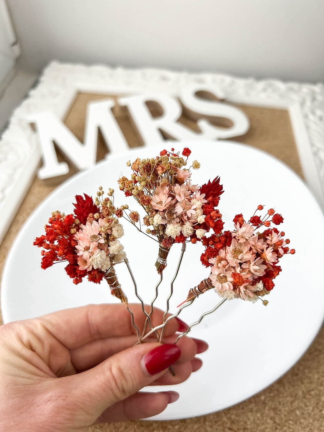Dried Flower Hair Pins Red Pink for Fall Autumn Boho Wedding