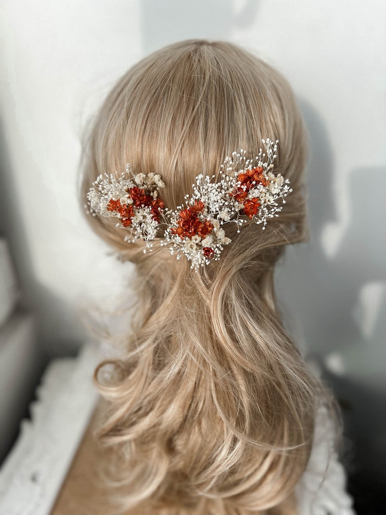 Épingles à cheveux fleurs séchées de mariage en terre cuite, accessoires de cheveux de mariage automne automne, morceau de cheveux de mariée bohème rustique, pinces à cheveux florales image 6