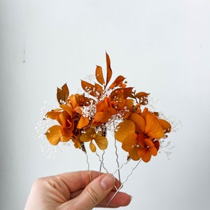 May include: Set of four hair pins with dried orange flowers and white baby's breath.
